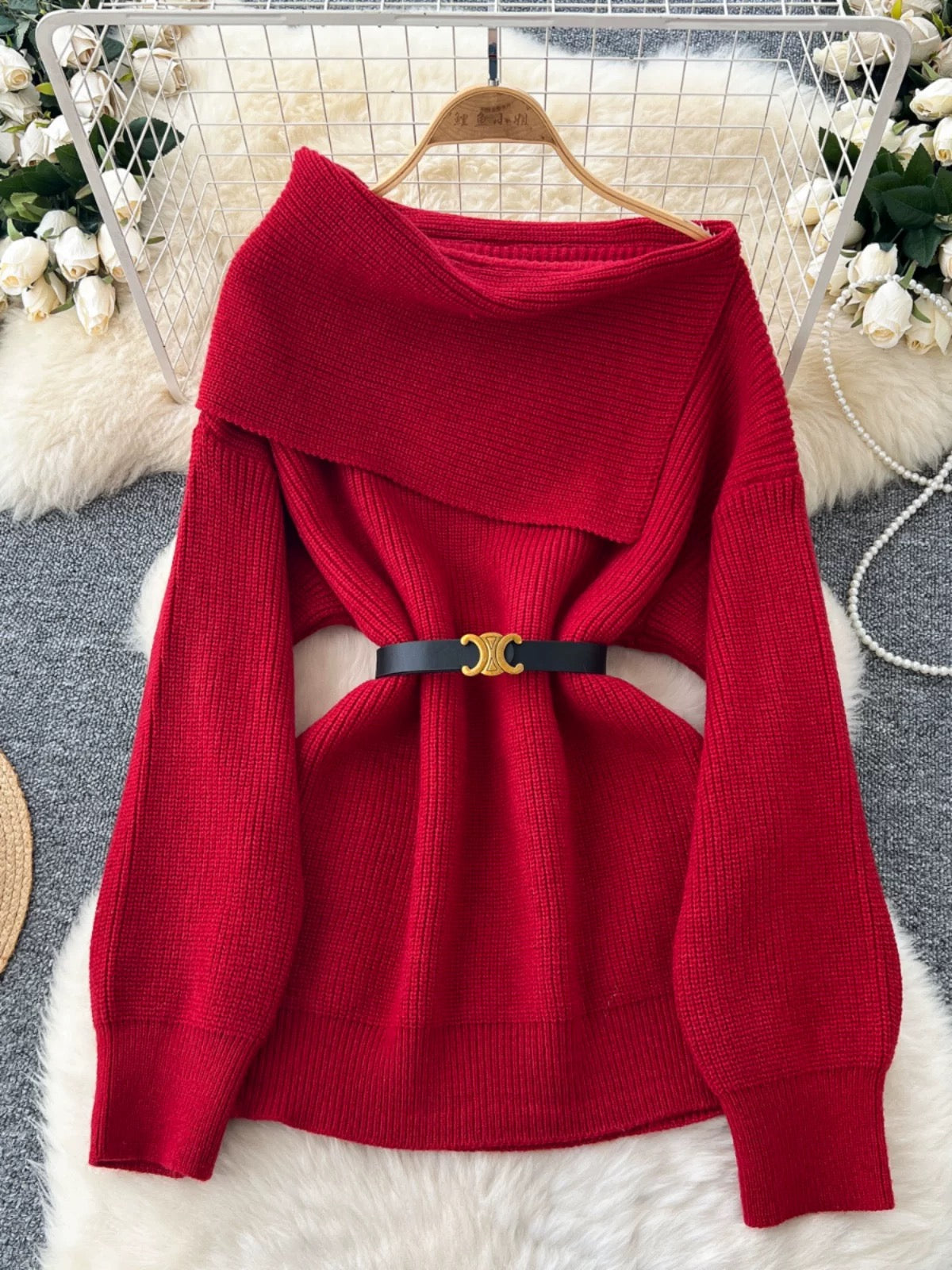 Amira Woolen Sweater with Belt In Red